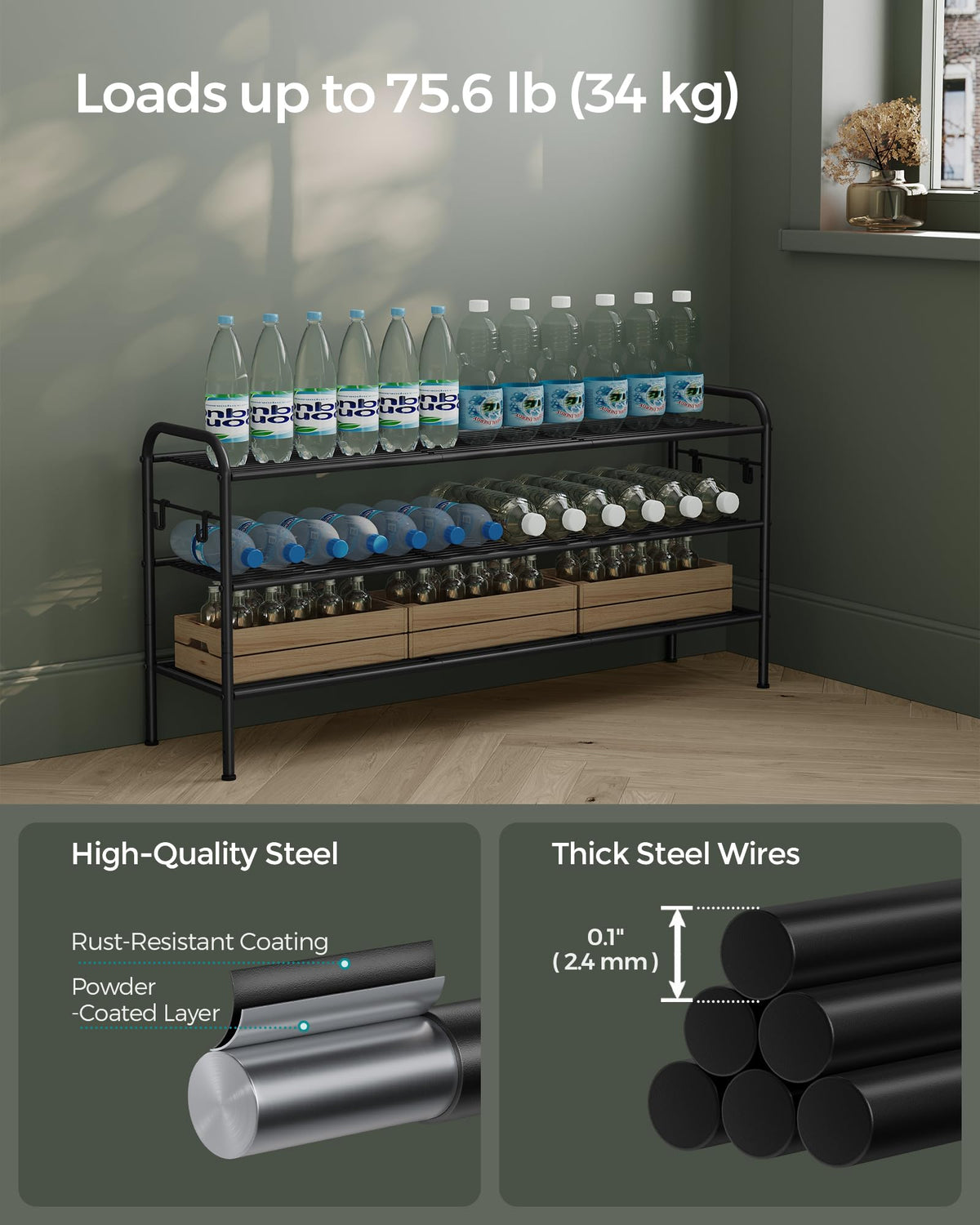 SONGMICS 3-Tier Metal Shoe Rack, Shoe Orgainzer, 33.5" Wide, Holds 16 Pairs
