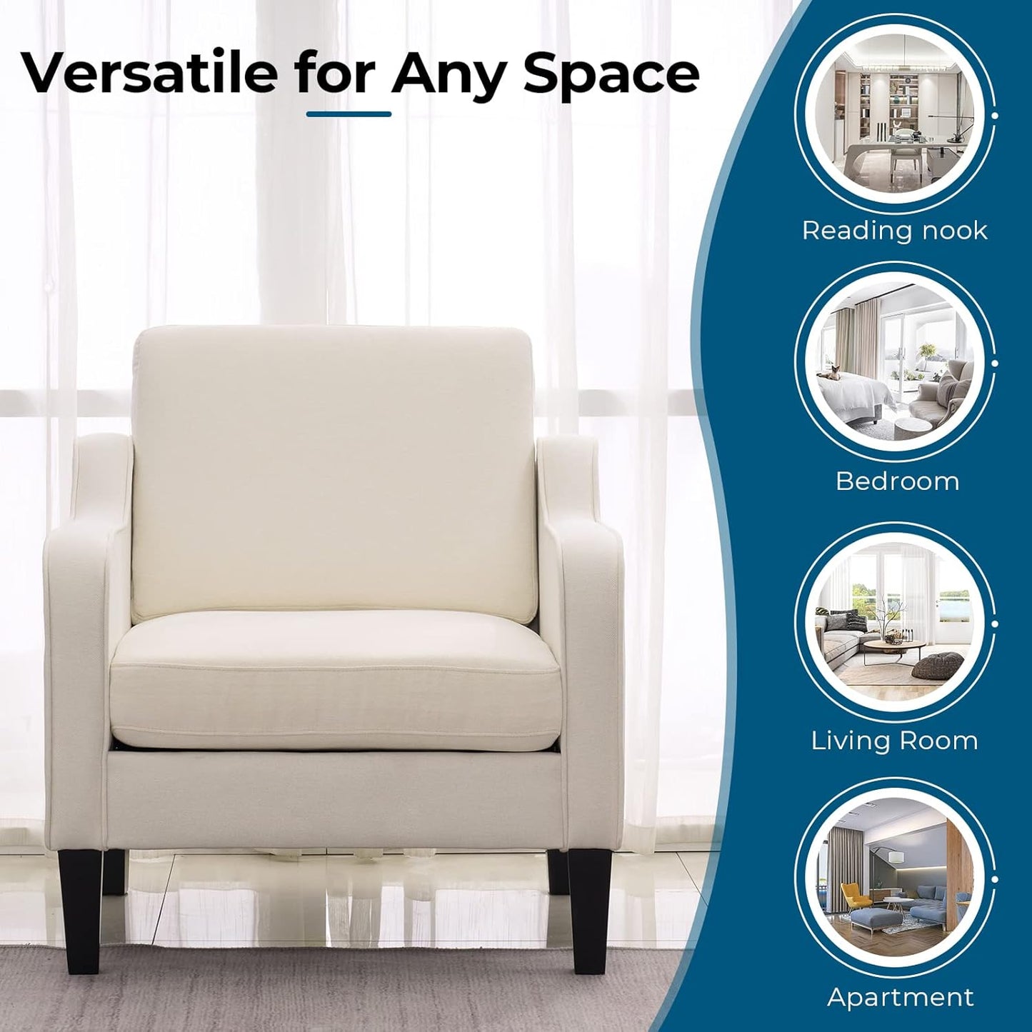 VINGLI Mid Century Modern Accent Chair, Beige Fabric Accent Chairs for Living Room Upholstered