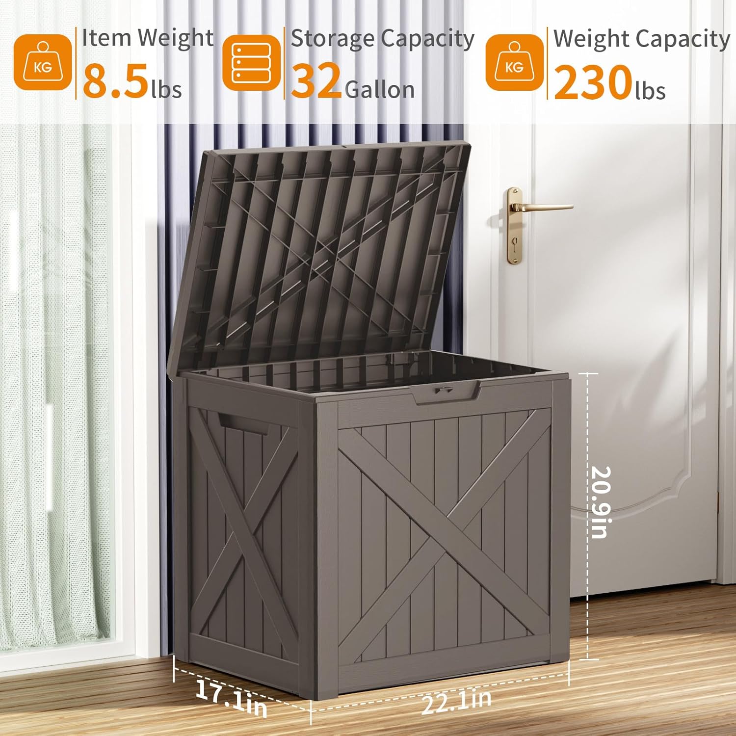 Vixzen 32 Gallon Resin Deck Box - Lockable Outdoor Storage for Patio Cushions, Garden Tools, Pool
