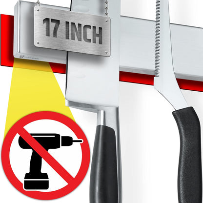 Strong Adhesive (No Drill) Magnetic Knife Holder for Wall - Professional 17 Inch Knife Strip - No