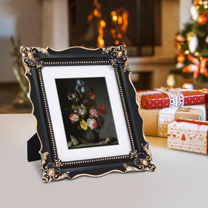 8x10 Vintage Picture Frame with Embossed Flower Design, Black Ornate Frame for 8x10 or 5x7 Pictures