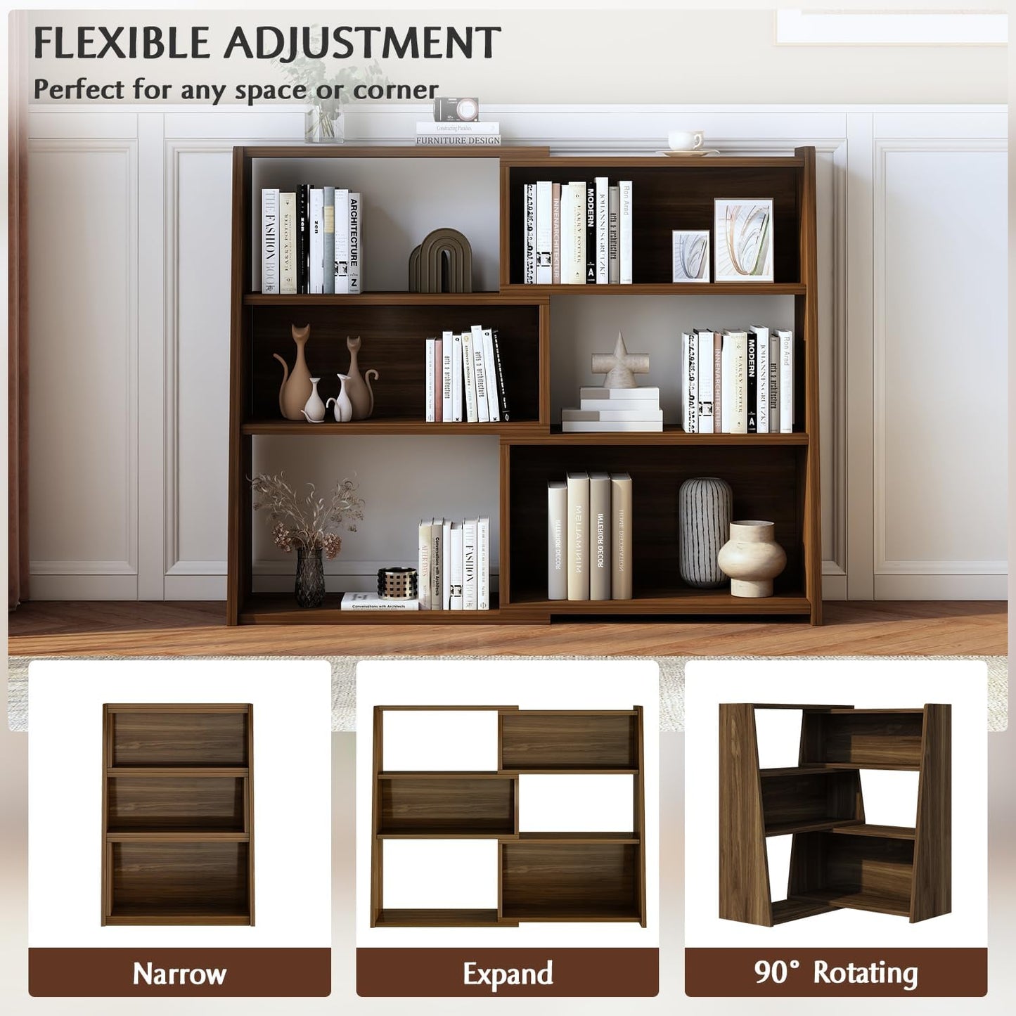 IOTXY Wooden Extendable Shelf Bookcase - 3-Tier Ladder Low Short Bookshelf for Small Space or