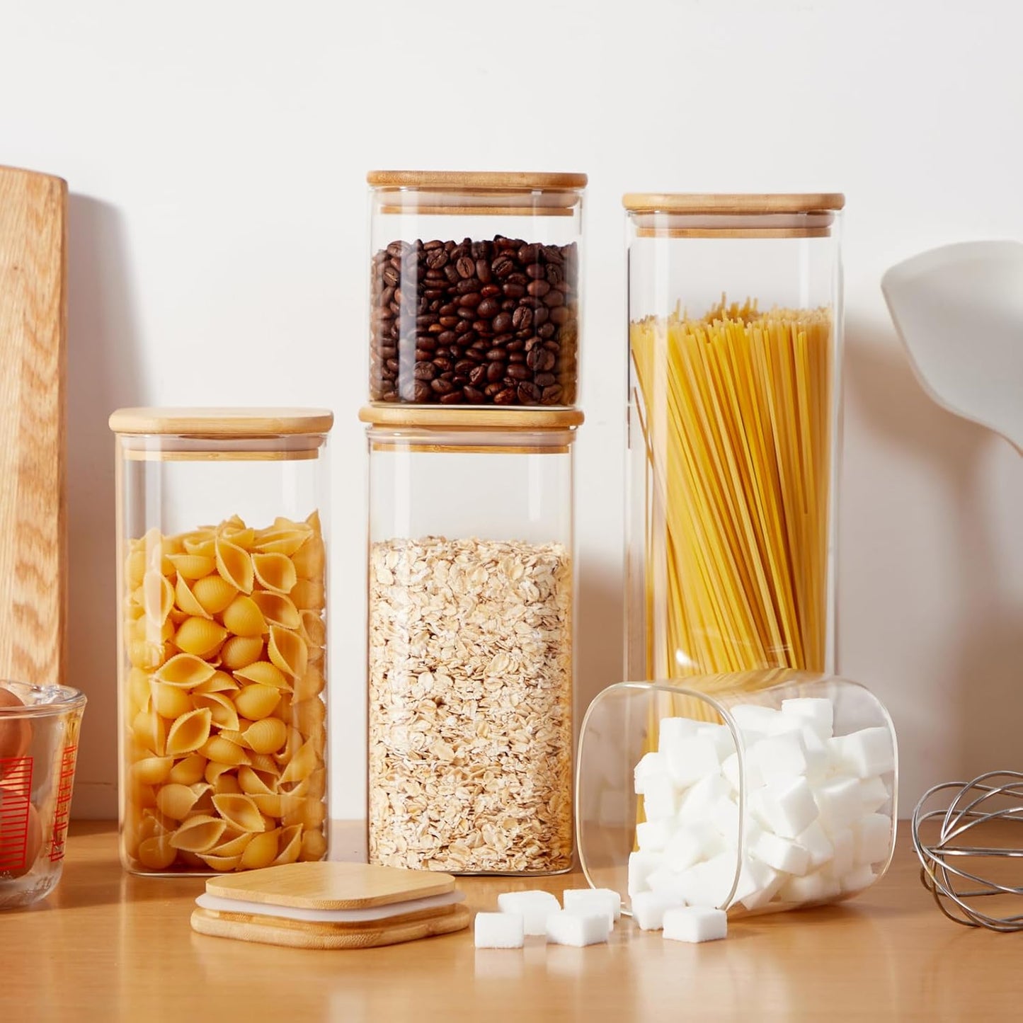 Square Glass Food Storage Jars with Lids[Set of 5], Perfect for Pasta, Cookies, Nuts, Coffee