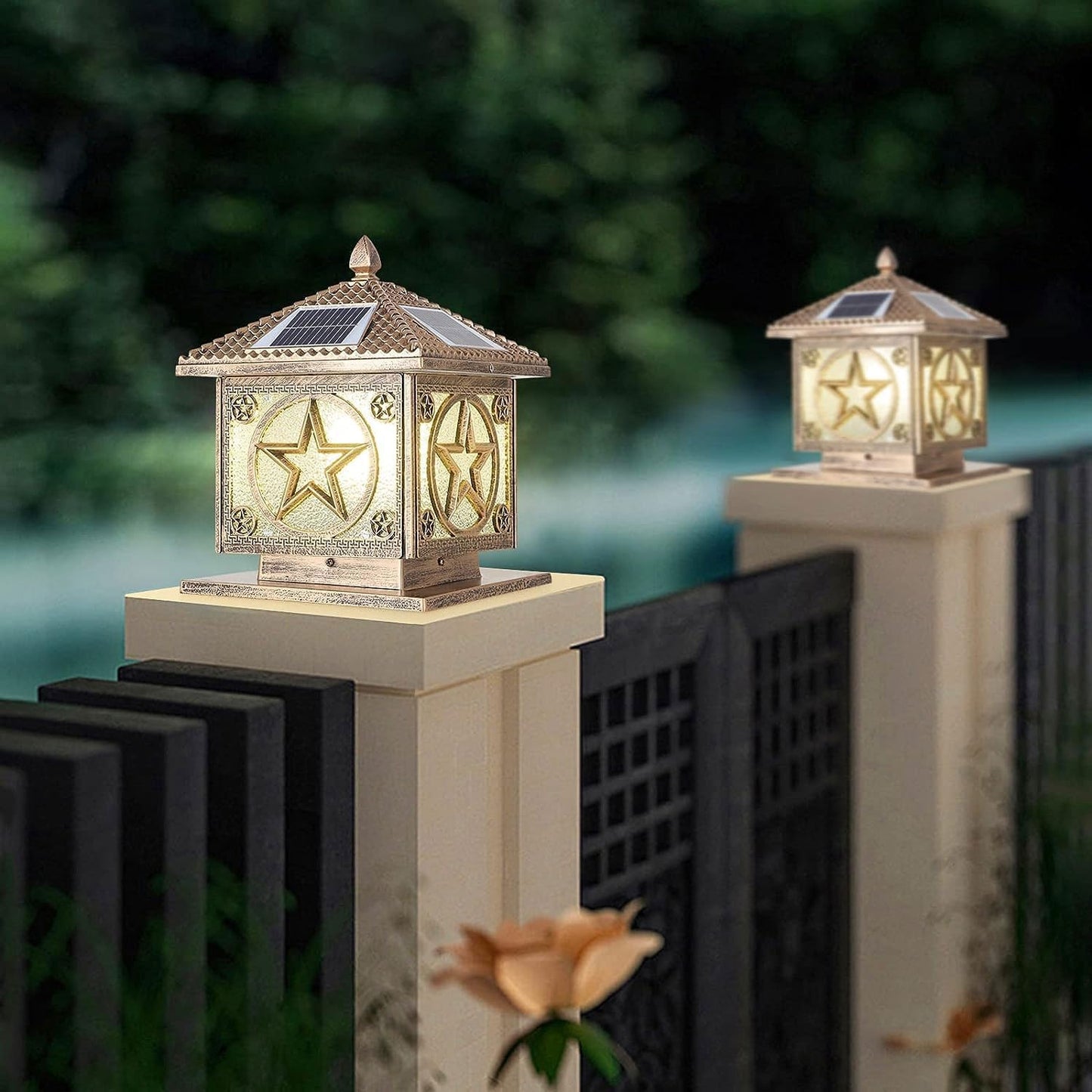 SLAWA Outdoor Solar Post Cap Light 9.8In Bronze Column Lights Square Waterproof Landscape Lighting