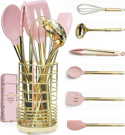 Gold and Pink Kitchen Utensil Set with Holder - 7-Piece Cooking Tools with Gold Whisk, Ladle