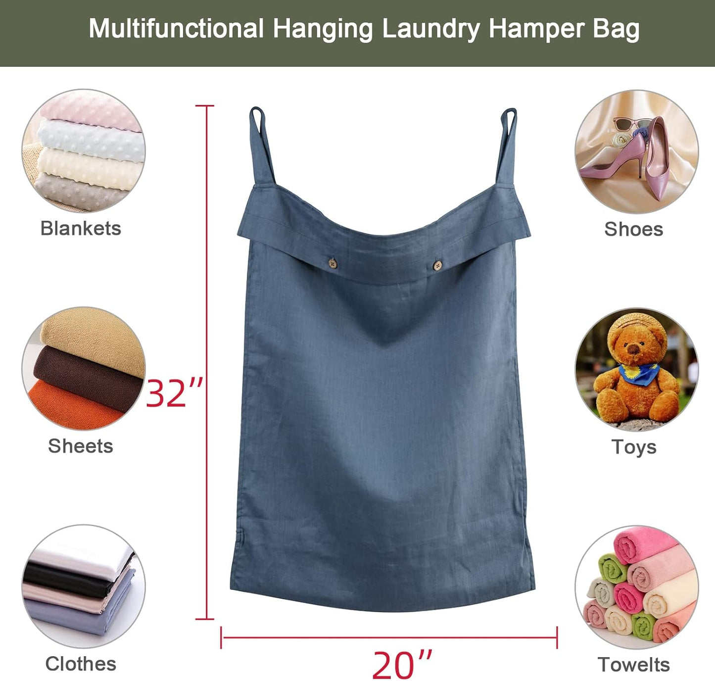Linen Hanging Laundry Bag, 100% Linen Over The Door Laundry Hamper with Buttons and Zipper, Space