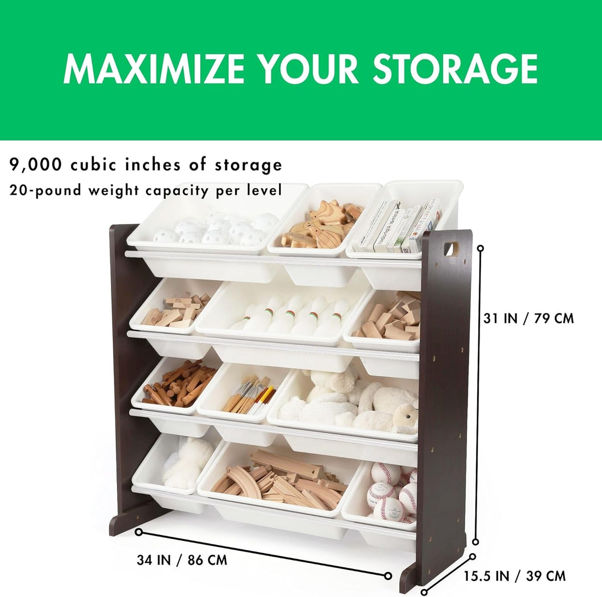 Humble Crew Kids Toy Storage Organizer with 12 Plastic Bins, Espresso/White – Removable Bins for