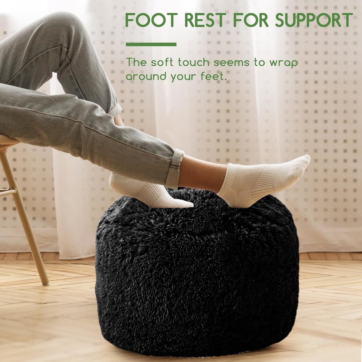 HIGOGOGO Round Stuffed Pouf Ottoman, Long Faux Fur Poufs with Foam Chunk Filling, Fluffy and Furry