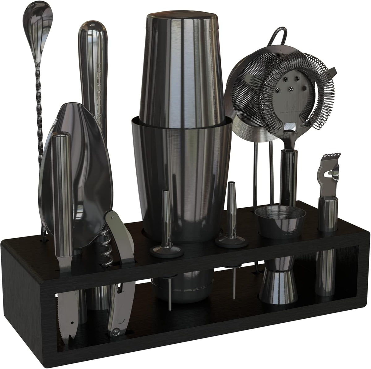 Highball & Chaser 13-Piece Gunmetal Black Stainless Steel Boston Cocktail Shaker Bar Tool Set with