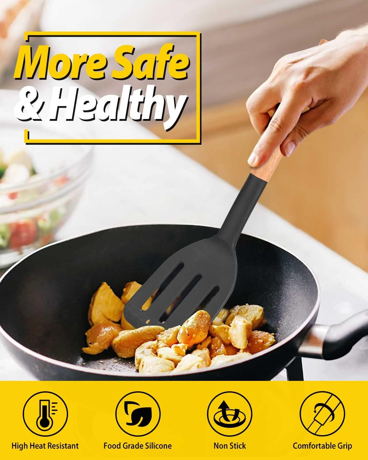 Pack of 2 Silicone Cooking Spatula, Heat Resistant Solid Turner, Non Stick Slotted Spatulas with