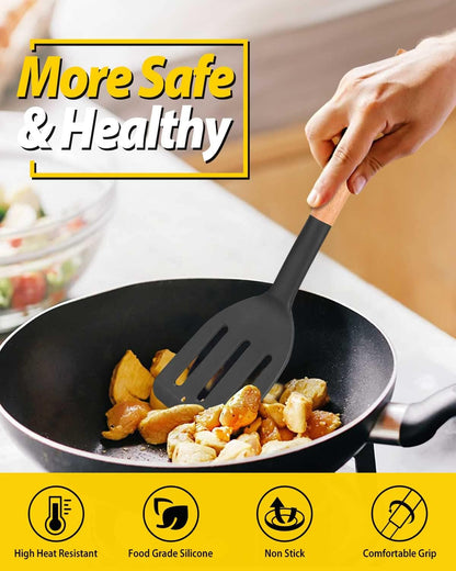 Pack of 2 Silicone Cooking Spatula, Heat Resistant Solid Turner, Non Stick Slotted Spatulas with