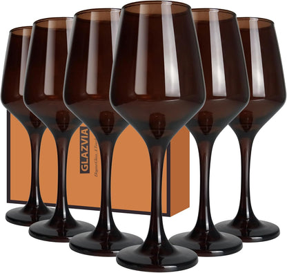 Brown Wine Glasses Set of 6-12oz Brown Long Stem Wine Glass Cups, Pretty Crystal Glassware, Hand