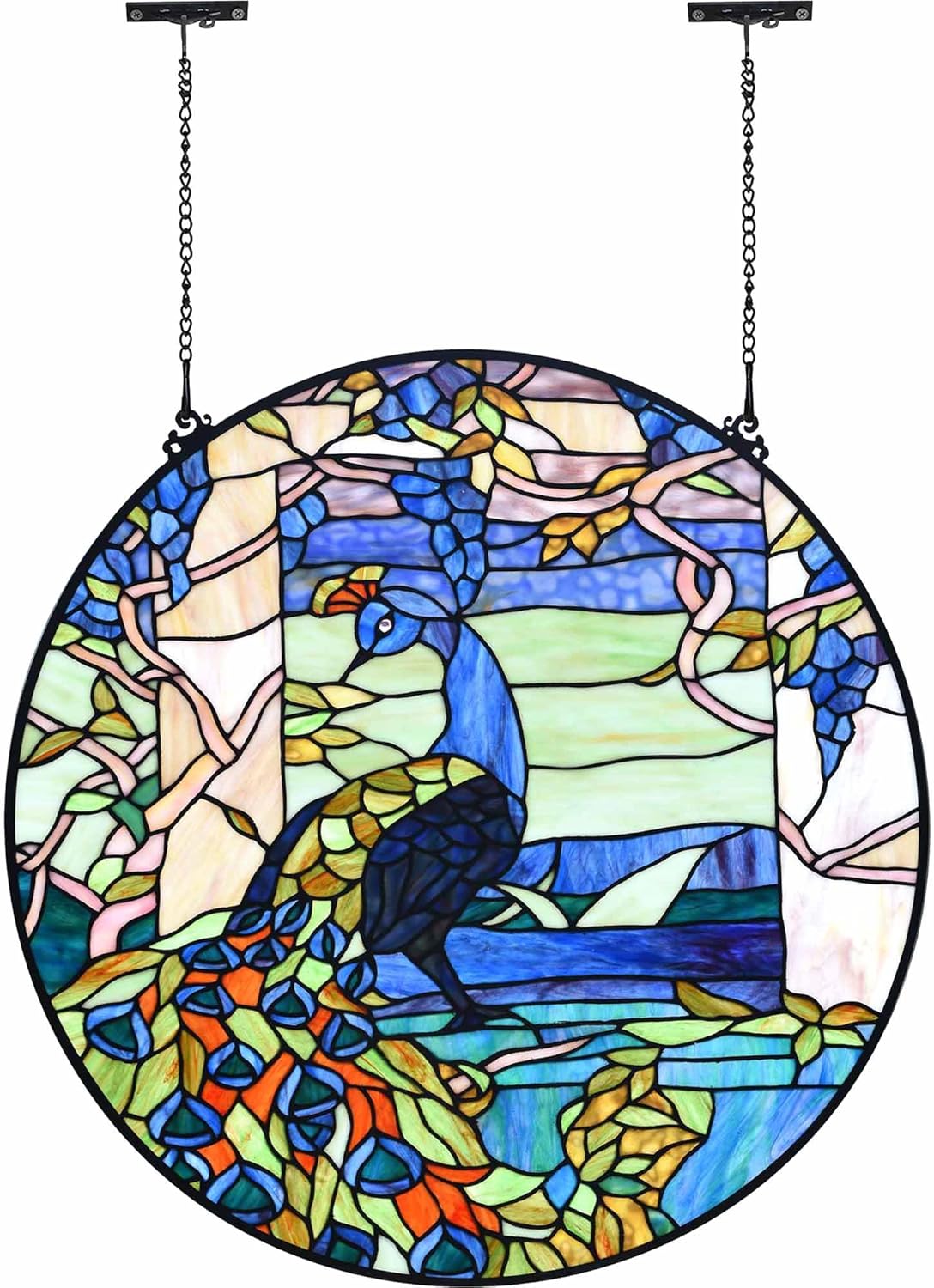 Bieye W10094 Peacock in Garden Tiffany Style Stained Glass Window Panel for Home Decor (Blue, 24"