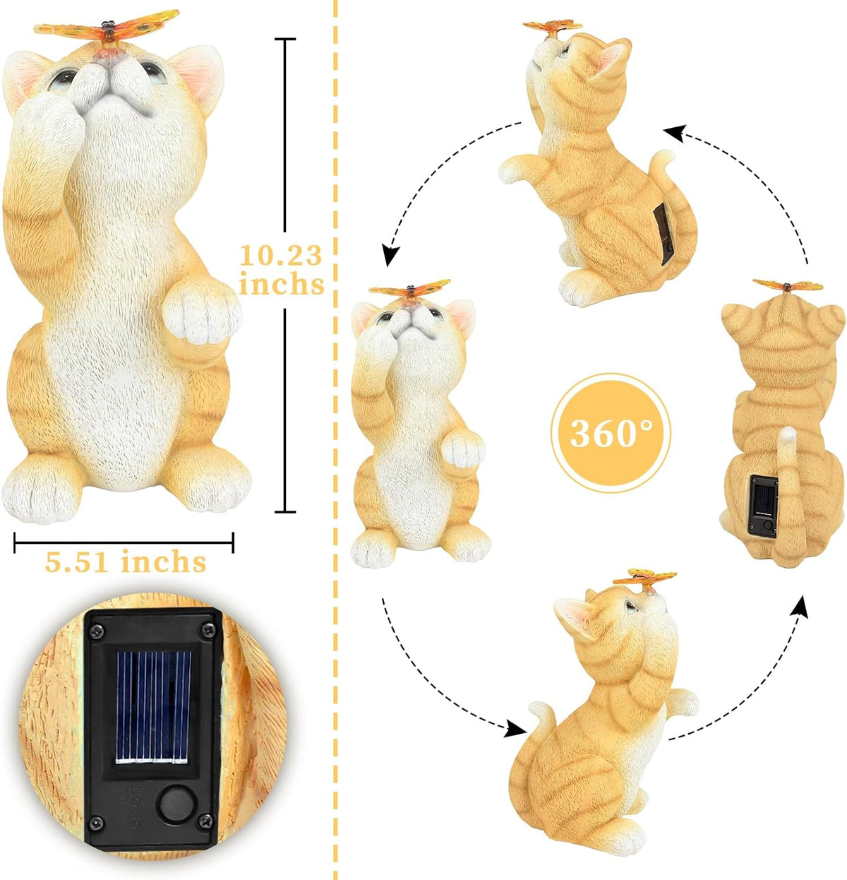 Solar Garden Statue Cat Figurine,Resin Cat Statue Playing Butterfly,Outdoor Decoration for