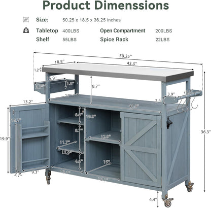 Outdoor Solid Wood Grill Table with Stainless Steel Top, Farmhouse Kitchen Island with Storage
