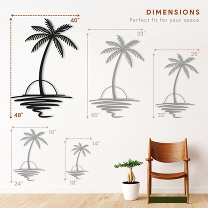 Metal Palm Tree with Sunset Wall Art, Large Outdoor Wall Decor, Tropical Beach Coastal Decor for