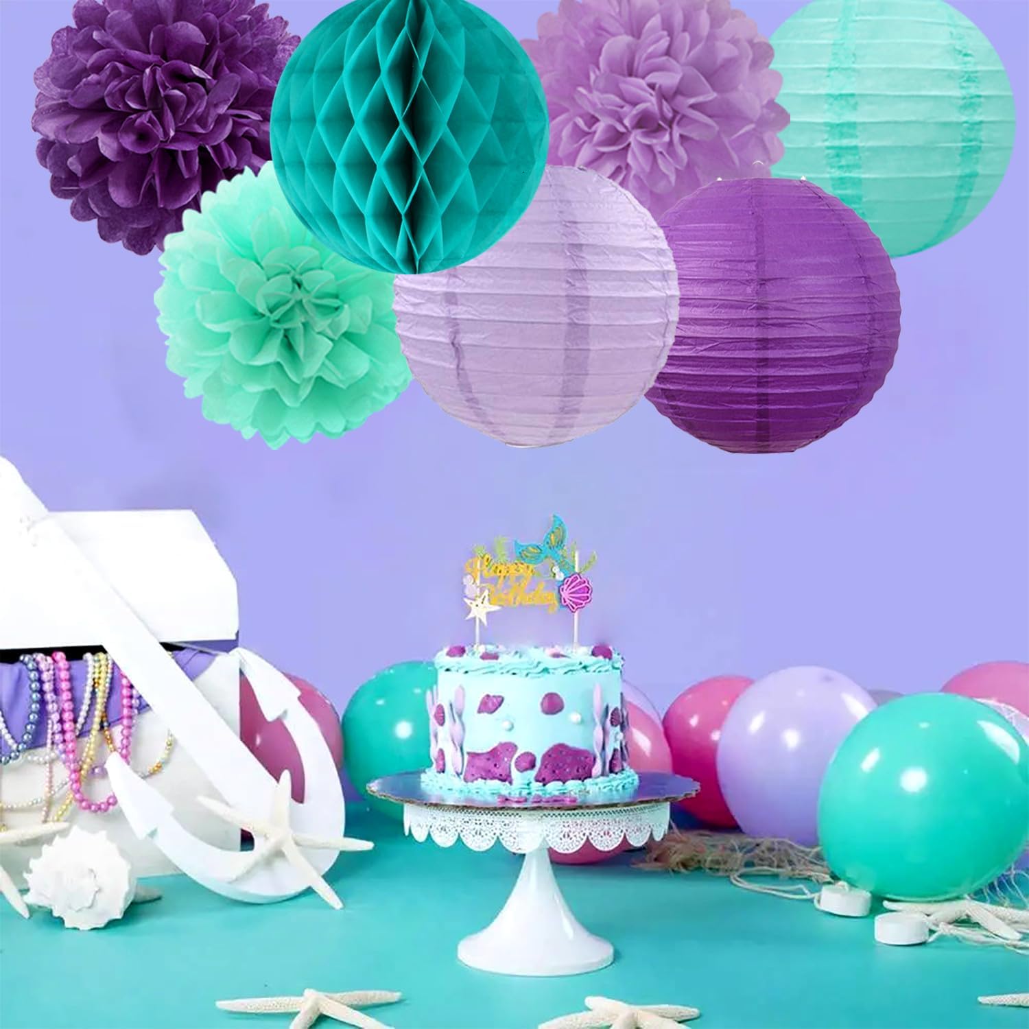 Teal-purple Lavender Girl Mermaid-birthday Party-decorations - 21pcs Happy Banner,Under The Sea
