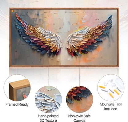 Aurlan Angel Wings Hand Painted Framed Wall Decor(40"x20"), Large Abstract Colorful Feather 3D
