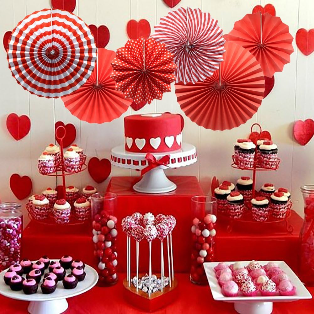 Party Hanging Paper Fans Set, Red Round Pattern Paper Garlands Decoration for Birthday Wedding