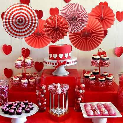 Party Hanging Paper Fans Set, Red Round Pattern Paper Garlands Decoration for Birthday Wedding