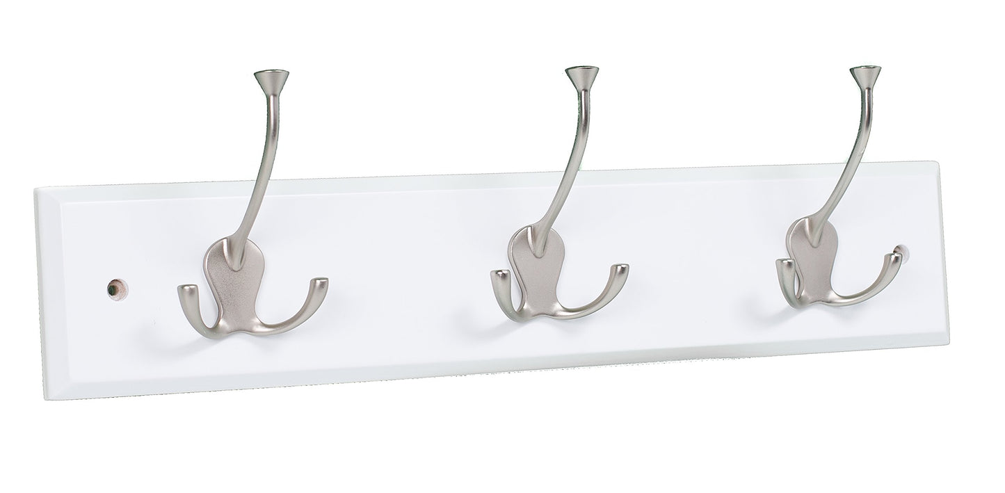 BIRDROCK HOME Tri Hook Coat Rack | 3 Hooks | Wall Mount Hat Rack | White Finish | Satin Nickel Hooks