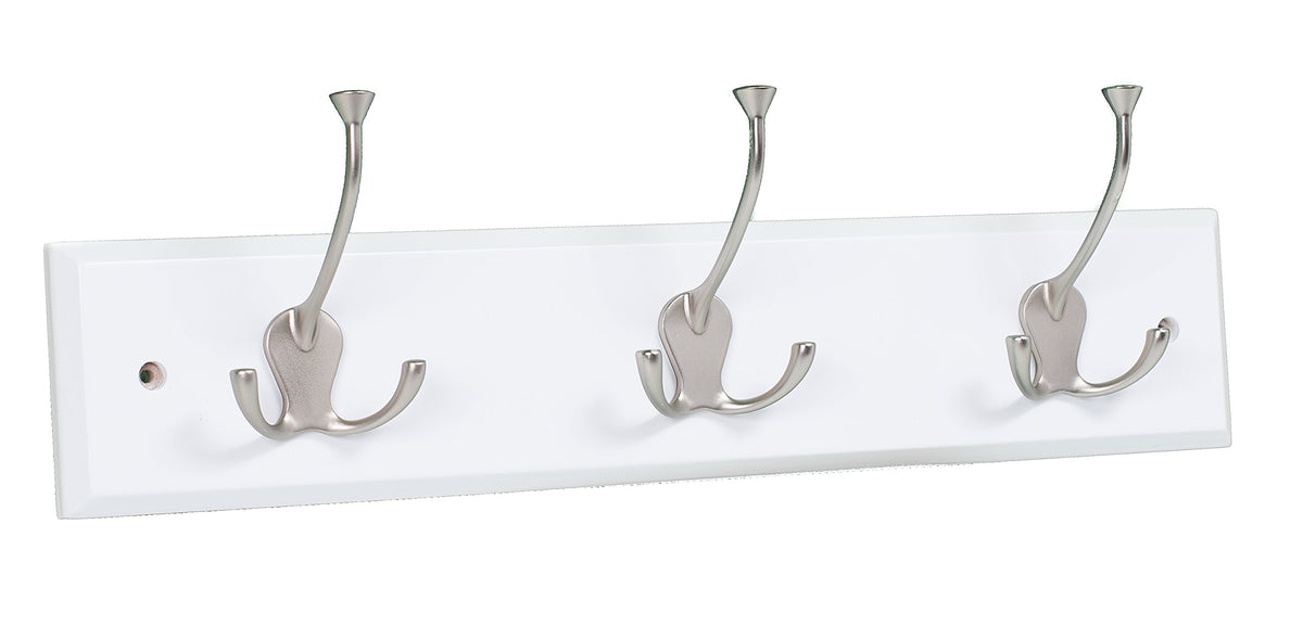 BIRDROCK HOME Tri Hook Coat Rack | 3 Hooks | Wall Mount Hat Rack | White Finish | Satin Nickel Hooks