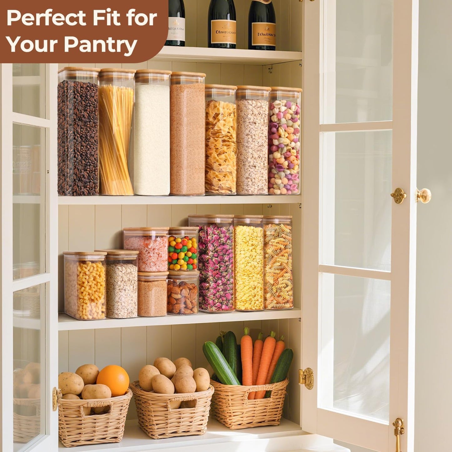ComSaf 2 Qt Rectangle Glass Storage Containers with Lids, Glass Jars with Bamboo Lids, Clear Food