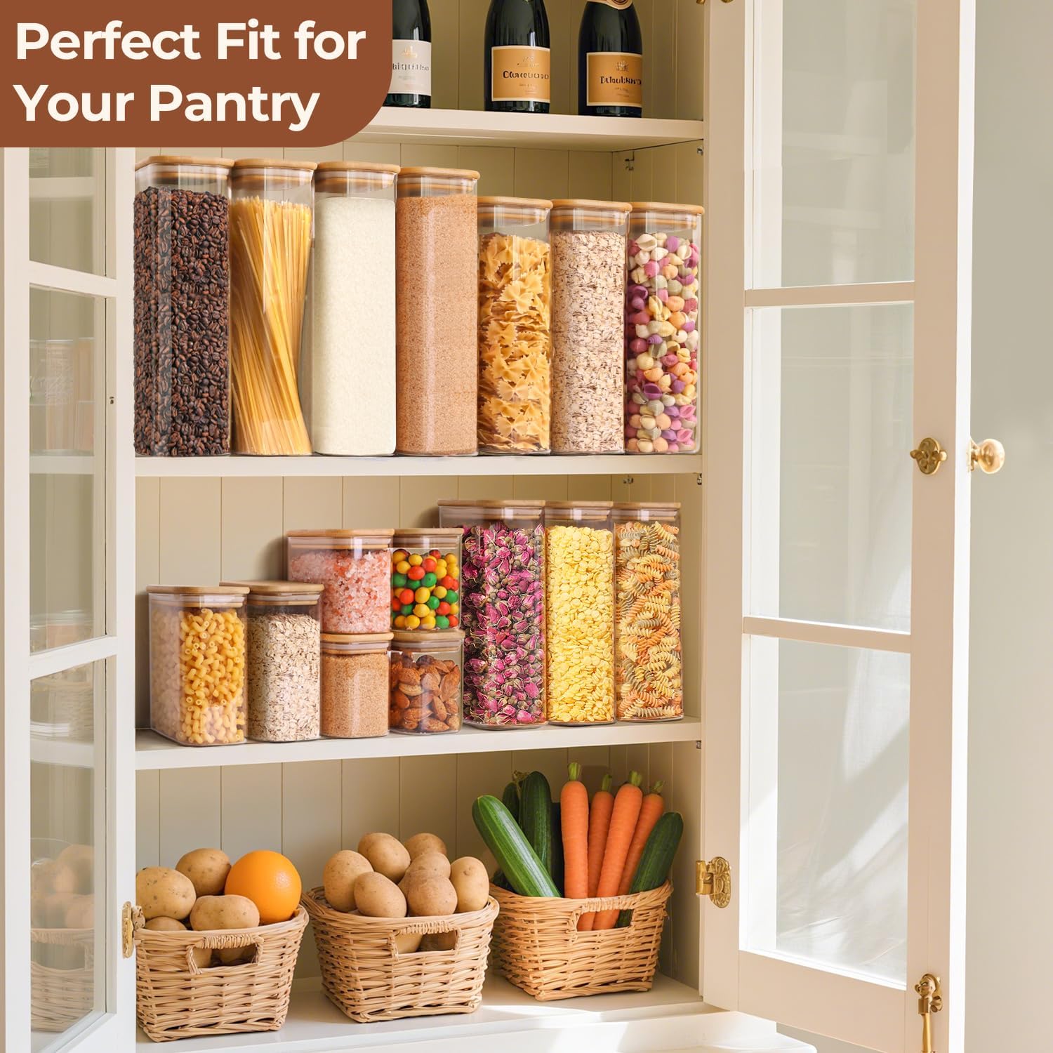ComSaf 2 Qt Rectangle Glass Storage Containers with Lids, Glass Jars with Bamboo Lids, Clear Food