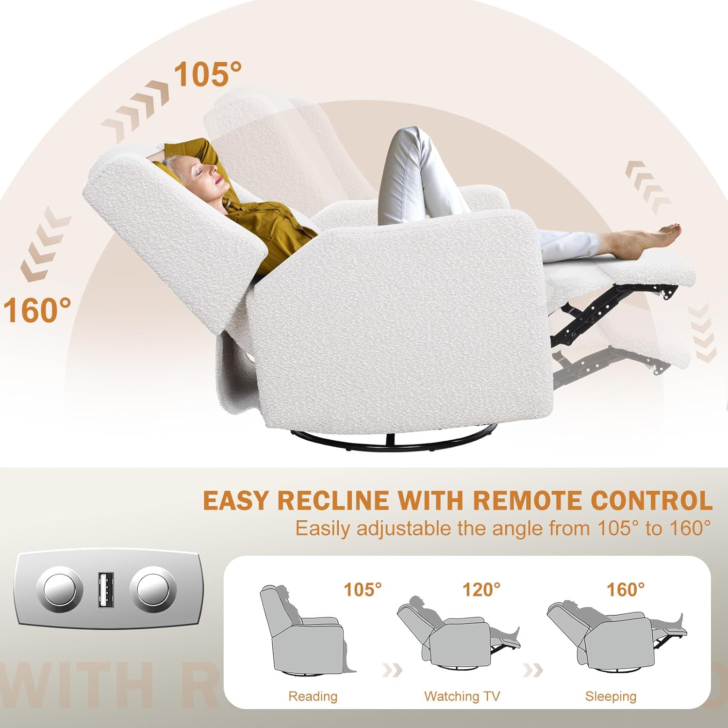 Power Recliner Chair Swivel Glider, Large Rocker Recliner w/USB Charging Port, Boucle Upholstered
