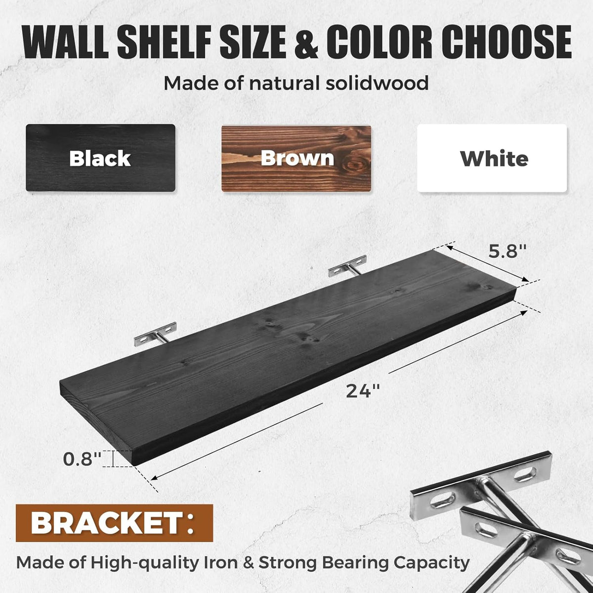 Floating Wall Shelves 2-Pack - 24-Inch Rustic Black Wooden Shelves for Storage and Décor, Easy