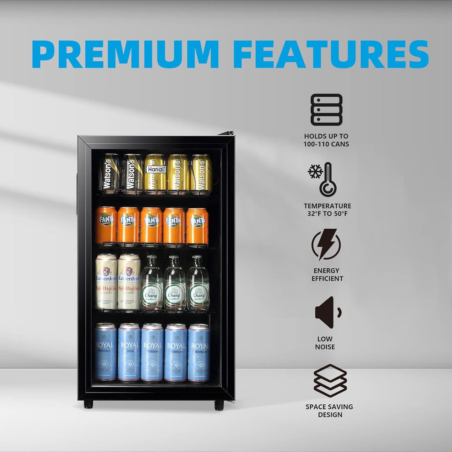 WANAI Mini Fridge Cooler 125Cans Beverage Refrigerator Glass Door Beverage Cooler for Beers Wine