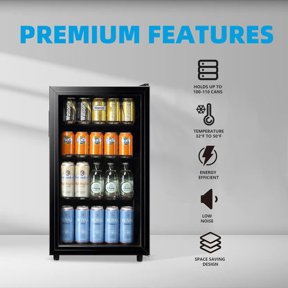 WANAI Mini Fridge Cooler 125Cans Beverage Refrigerator Glass Door Beverage Cooler for Beers Wine
