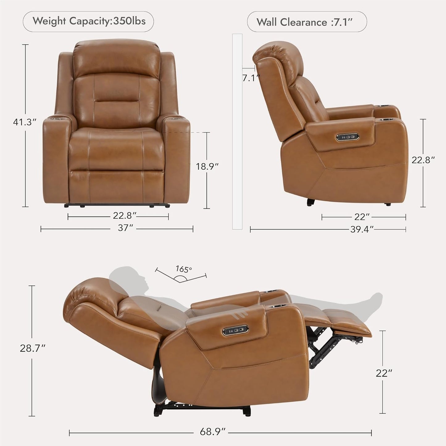 Watson & Whitely Genuine Leather Power Recliner Chairs for Adults, Lay Flat Recliner with Power