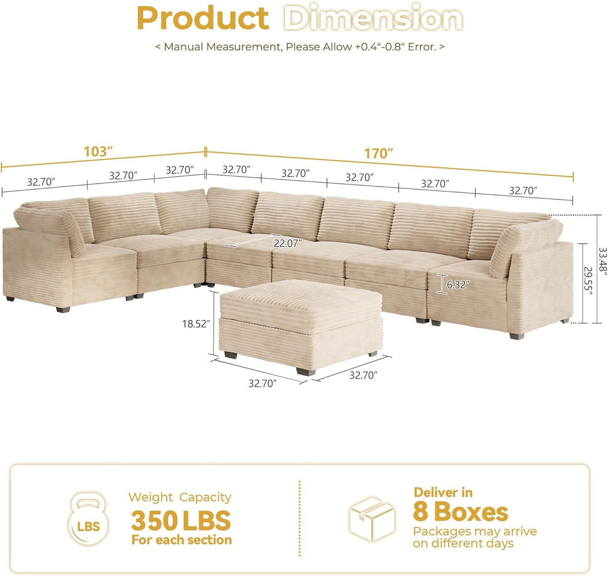 HOOOWOOO Modular Sectional Sofa,8 Pieces Sectional Couches for Living Room,164X66 L Shaped Cloud