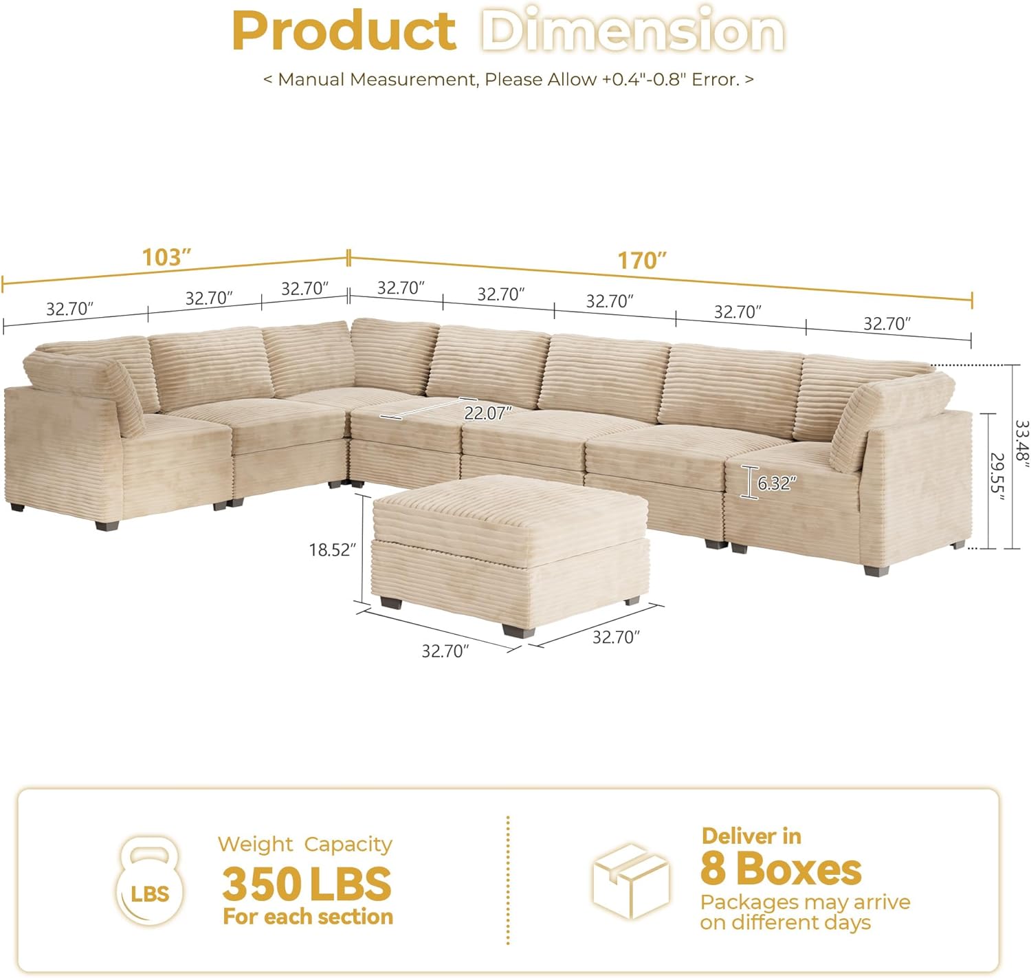 HOOOWOOO Modular Sectional Sofa,8 Pieces Sectional Couches for Living Room,164X66 L Shaped Cloud