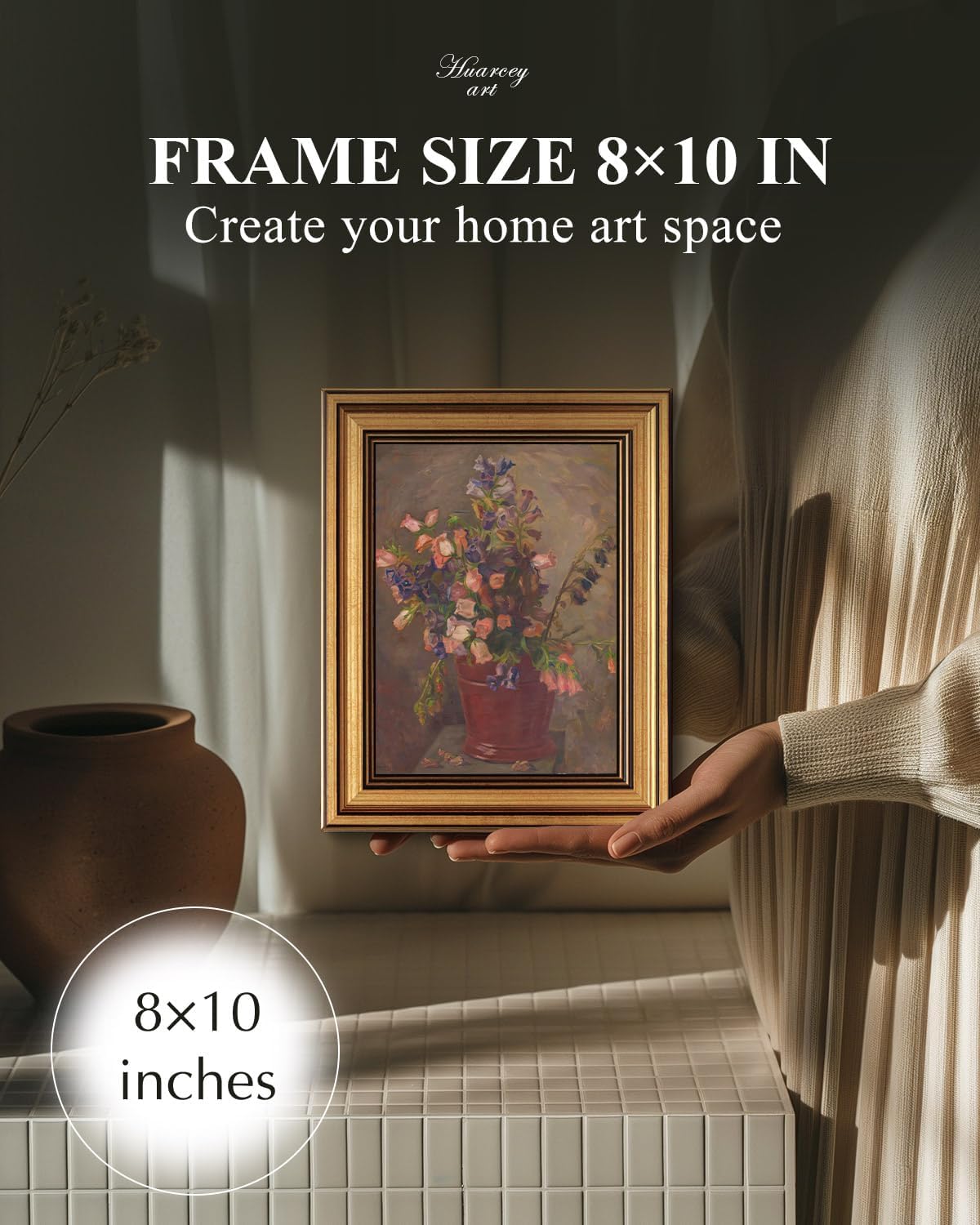 HUARCEY Gold Framed Vintage Wall Art for Living Room, Flower Painting Canvas Prints Shelf Decor for