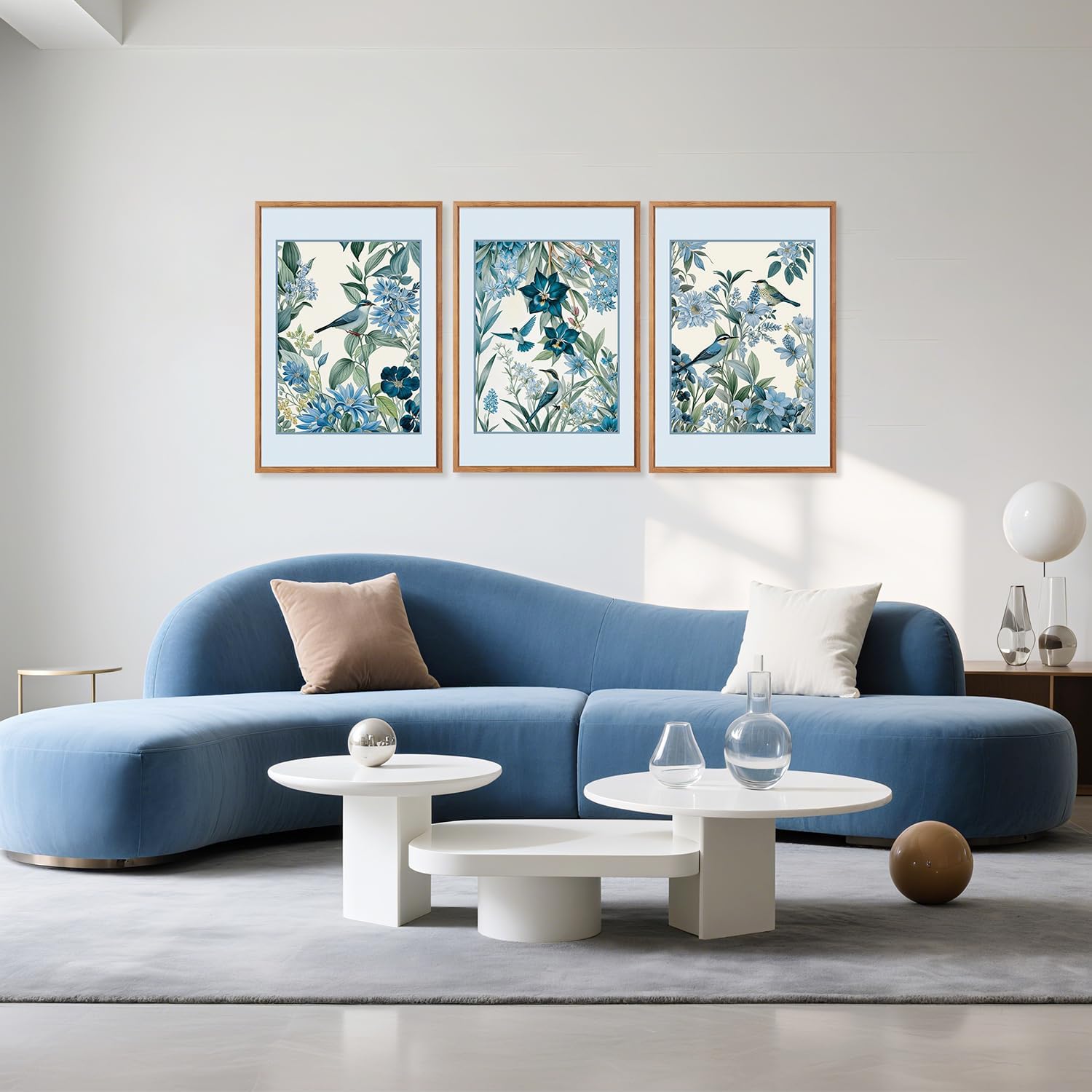 Aurlan Vintage Blue Birds and Botanical Framed Wall Art(24"x36"), 3PCS Classic Chinoiserie Audubon