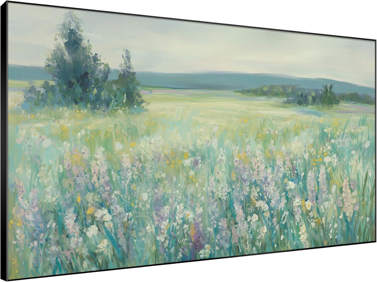 SIGNWIN 46"x72" Extra Large Framed Wall Art Wildflower Meadow Landscape Soft Pastel Nature