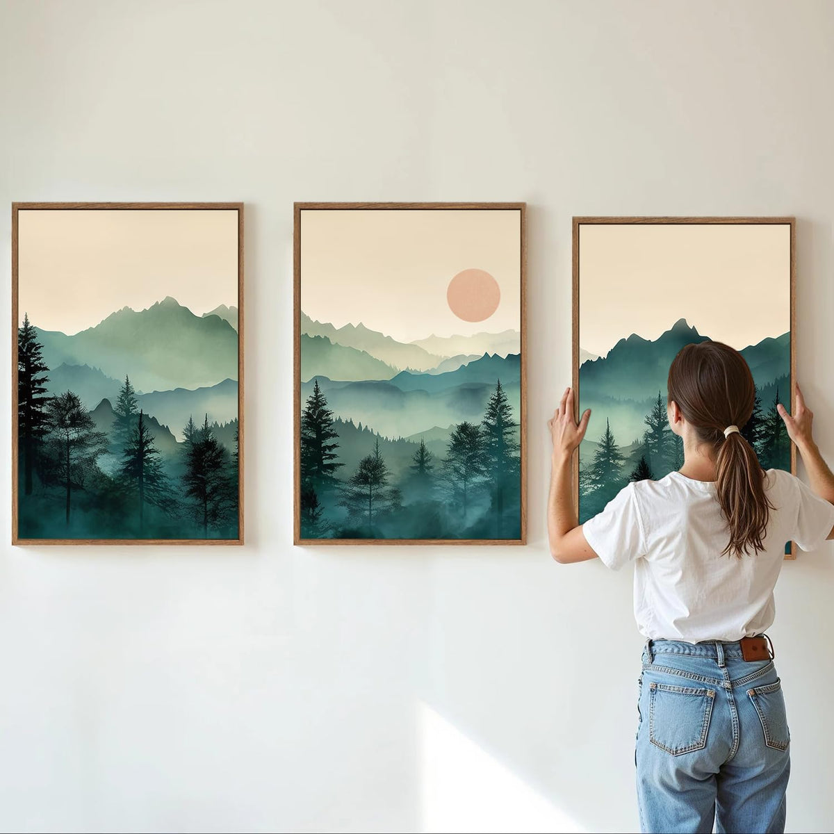 SIGNINART Large Mountain Framed Canvas Wall Art Set, Abstract Misty Forest Wall Decor, Foggy Nature