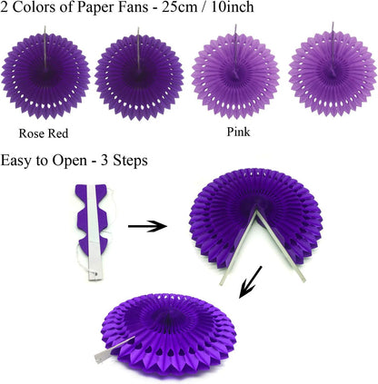 ZERODECO Party Decoration, 21 Pcs Purple and Lavender Hanging Paper Fans, Pom Poms Flowers