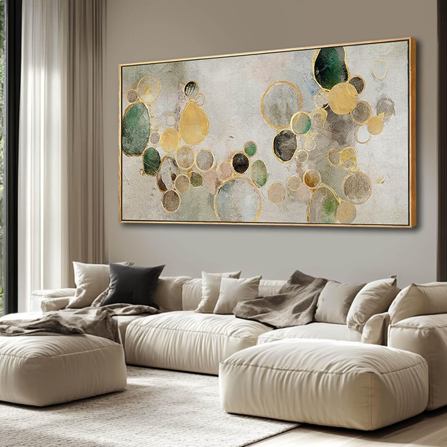 Abstract Canvas Wall Art Gold Circle Painting Green Artwork Framed Wall Prints 29"x 58" Office Wall