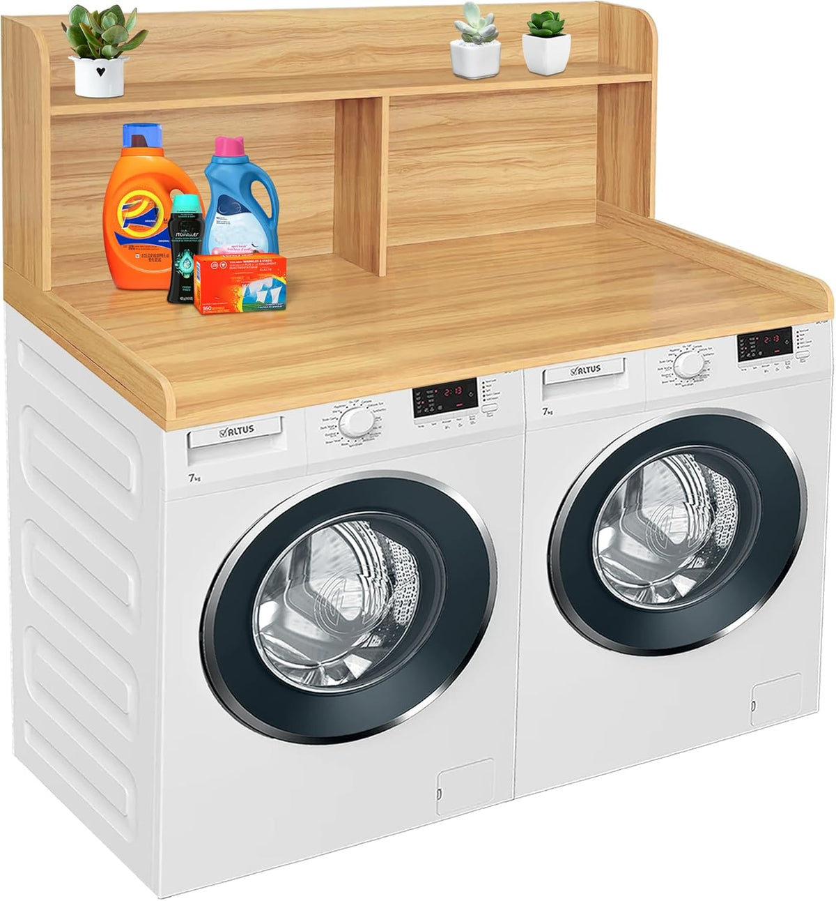 Royxen 2-Tier Washer Dryer Countertop,19.5" H Wood Washer Dryer Topper with Storage Shelf,Laundry