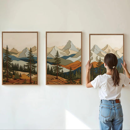 SIGNINART Vintage Mountains Framed Canvas Wall Art, Wooden Forest Wall Decor, Green Wood Pine Trees