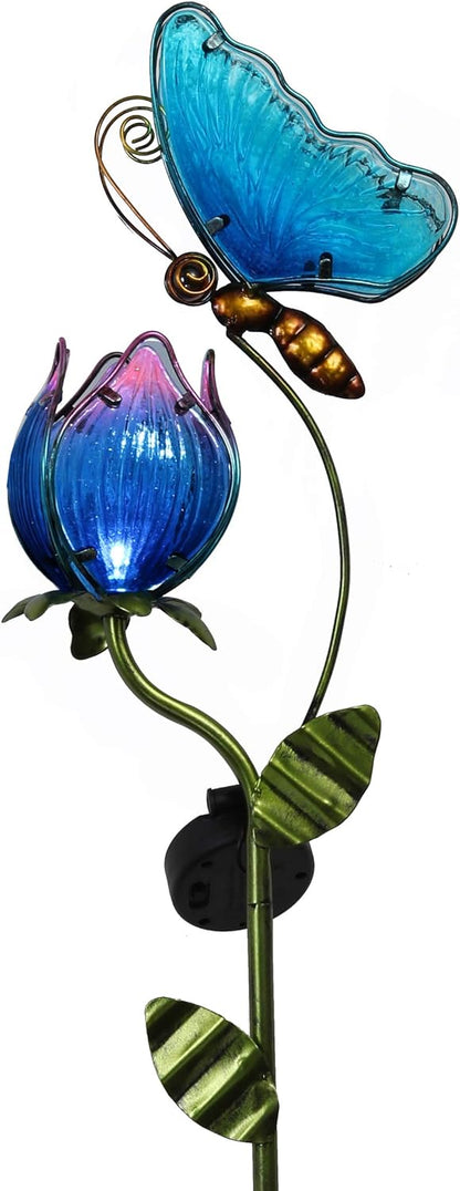 TERESA'S Collections Flower Yard Decorations Outdoor, 42'' Blue Glass Butterfly Solar Outdoor