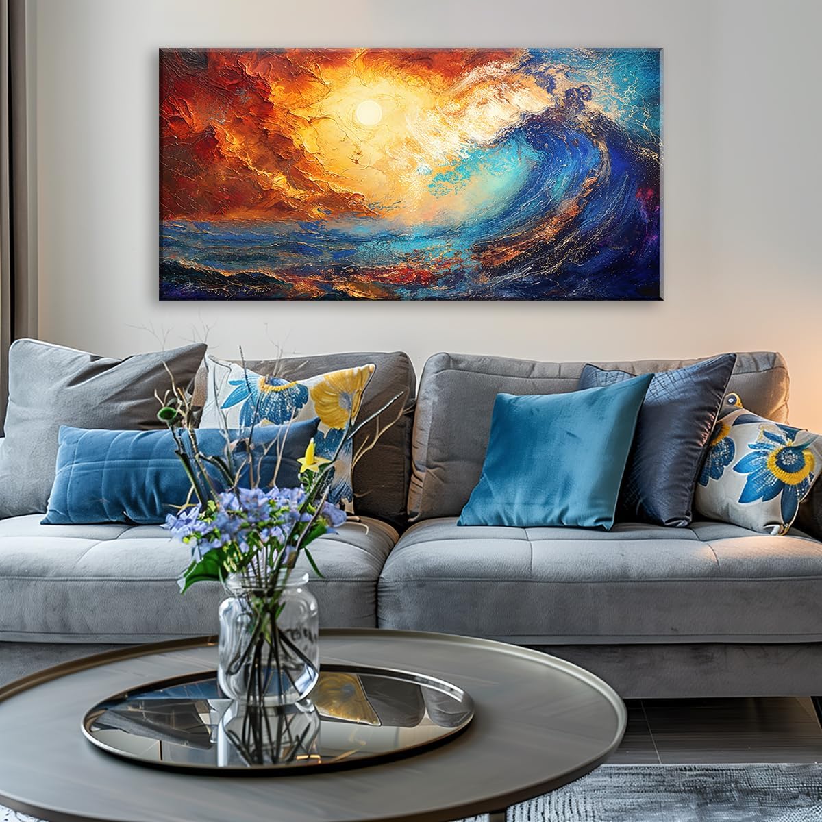 LASMOND Abstract Ocean Wall Art for Living Room Beautiful Blue Sea Wave Seawater Colorful Sky