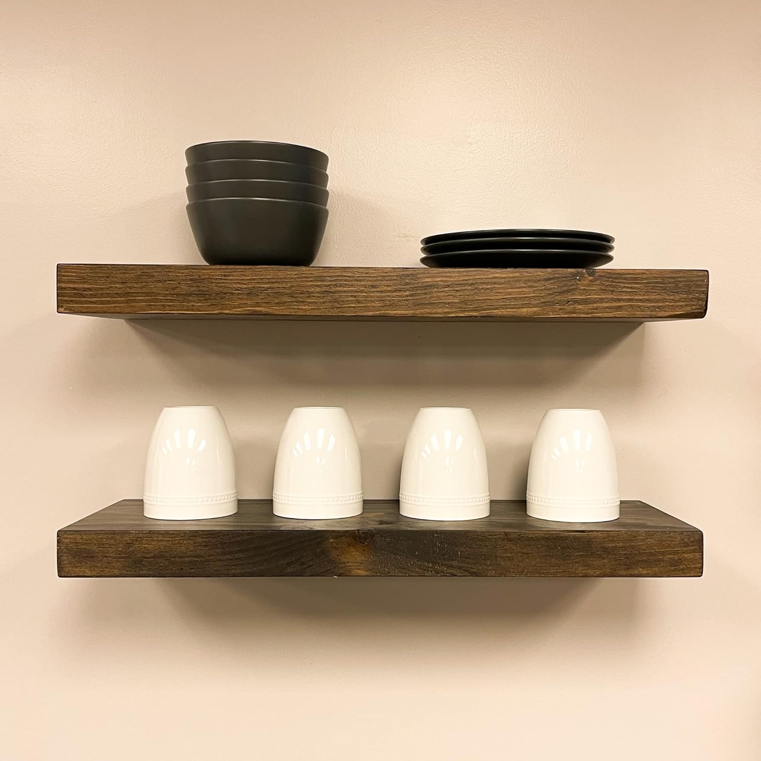 URBANDI, Rustic Floating Shelves, Set of 2, Hidden Bracket, Solid Wood, Heavy Duty, Wall Mounted