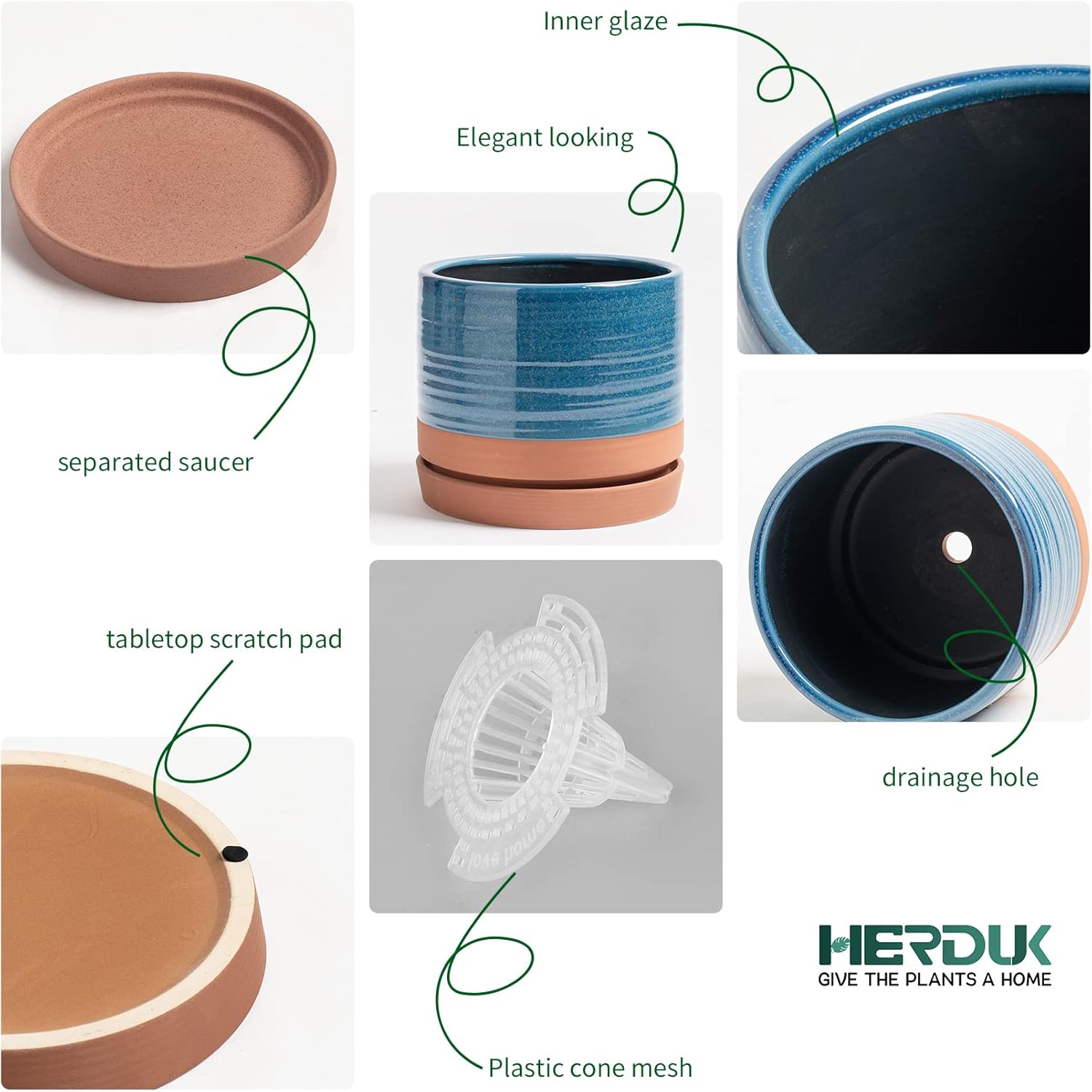 6 Inch Plant Pots, Ceramic Planter Pot with Drainage Hole & Saucer, Indoor/Outdoor Cylinder Round