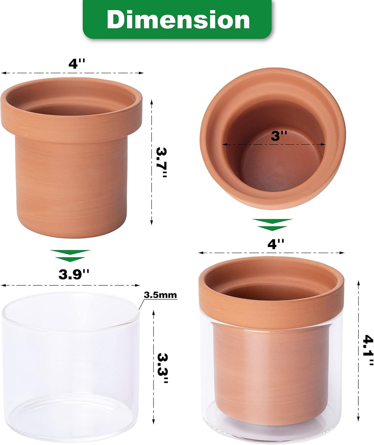 Phoenix Vine 4 Inch Self Watering Planter Pot, Terracotta Clay Pot with Glass Reservoir for Indoor