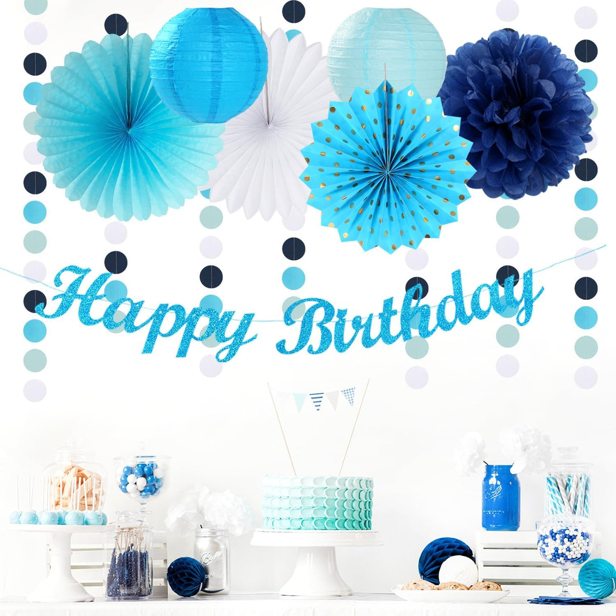 Light-Royal Blue White Birthday Party-decorations - 21pcs Boys Men Ocean Happy Banner,Navy Dusty