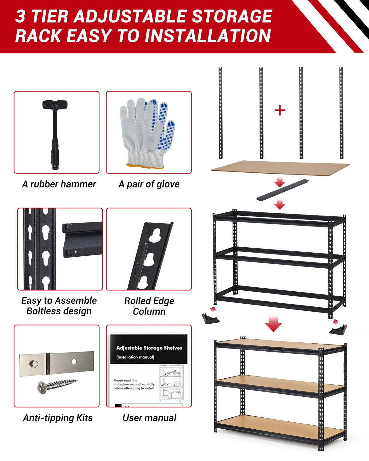 GarveeTech Heavy Duty Garage Shelving Units,3-Tier Adjustable Storage Shelves,60 x24 x 36